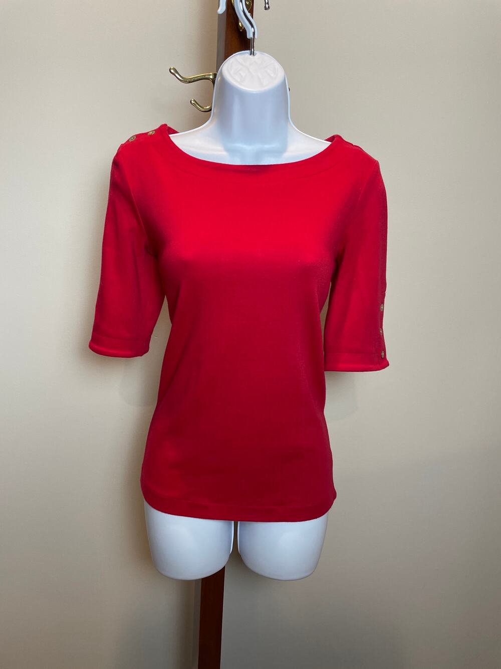 Elizabeth McKay Red Gold‑Button ½‑Sleeve Top Size 6 Classic Casual